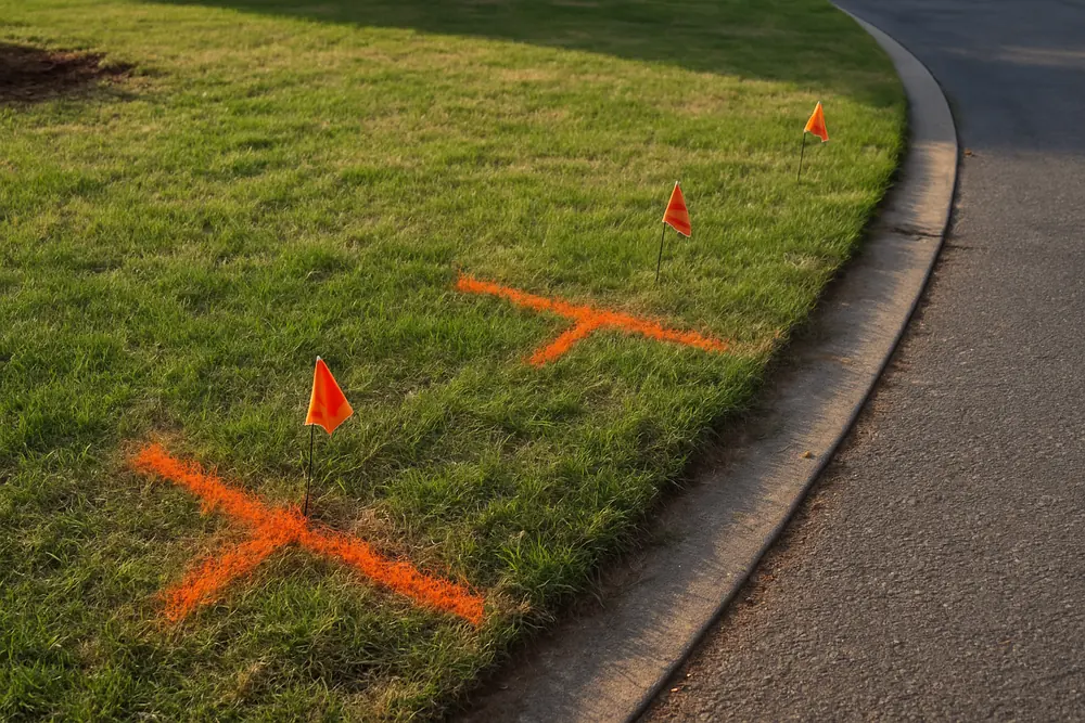 Spray-paint marks and small flags on grass beside a driveway — retaining wall drainage and digging, Launceston. Illustrative example.
