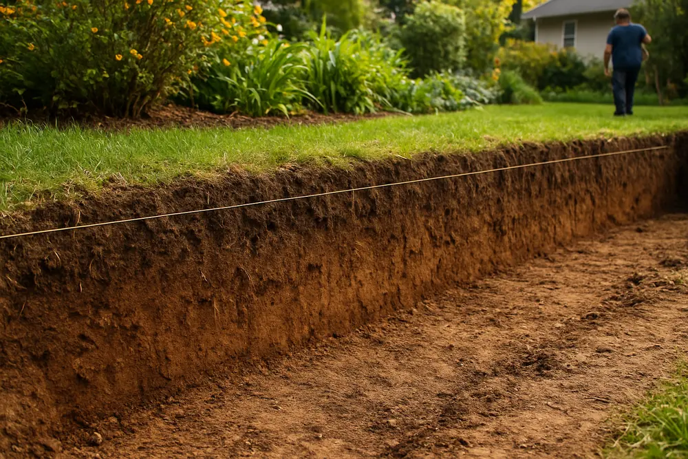 A cut into a garden bank with exposed soil and a string line before any wall is built — retaining wall height and approval, Launceston. Illustrative example.