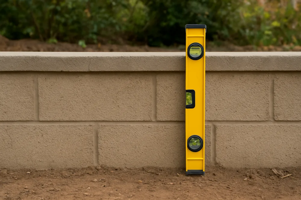 A spirit level held upright against the side of a low rendered block wall — retaining wall height and approval, Launceston. Illustrative example.