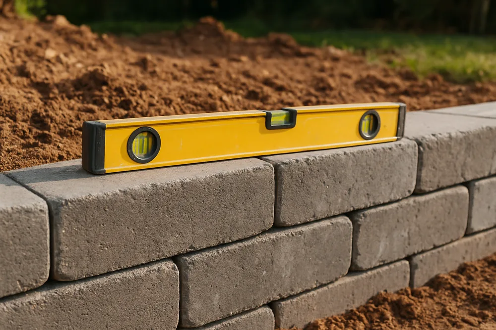 A spirit level resting on a fresh course of retaining wall blocks — retaining wall height and approval, Launceston. Illustrative example.
