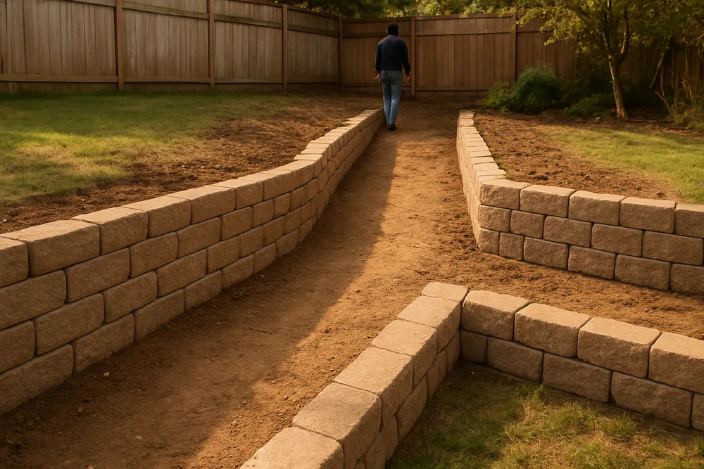Two stepped retaining walls in a back garden with a path between them — retaining wall height and approval, Launceston. Illustrative example.