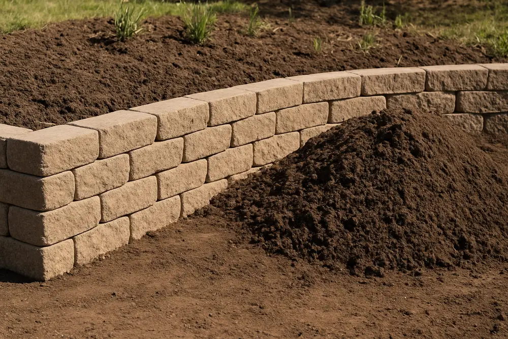 A low rendered block retaining wall edging a raised garden bed on flat level ground with fresh soil heaped beside it — retaining walls, Launceston. Illustrative example.