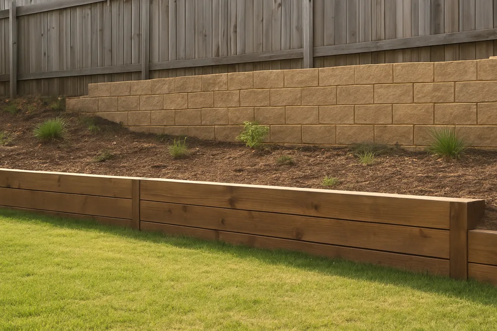 A low timber sleeper wall on a level lawn with a taller block retaining wall where the garden rises behind it — retaining walls, Launceston. Illustrative example.