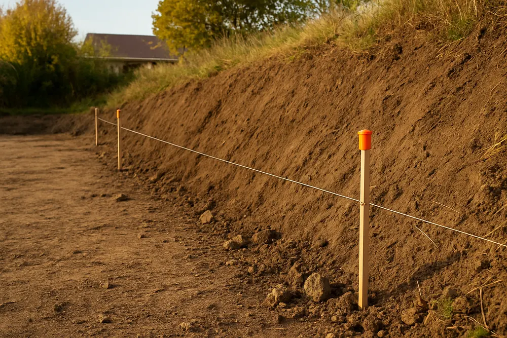 Survey-style pegs and a string line along a boundary beside a bank — retaining wall planning and hazard areas, Launceston. Illustrative example.