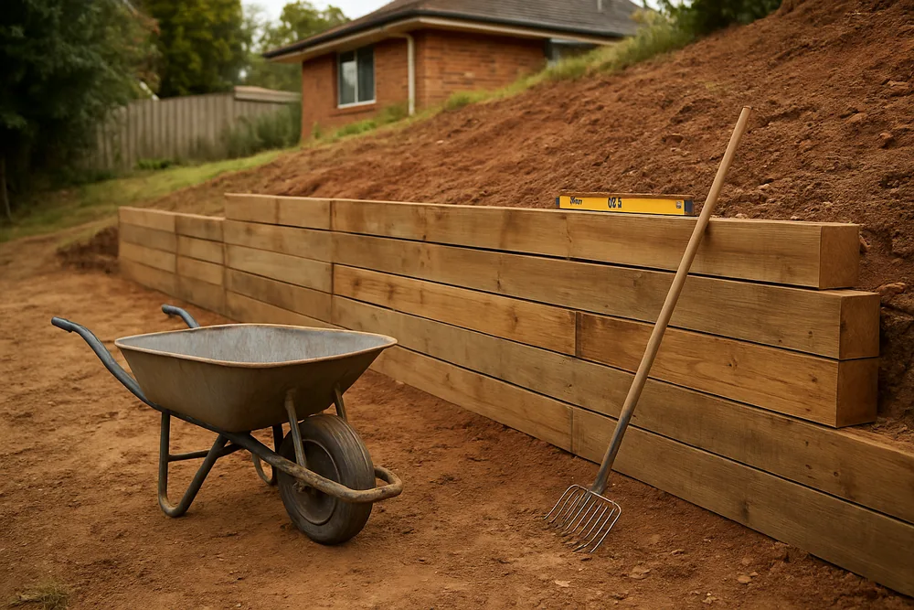A part-built timber sleeper retaining wall across a sloping block, a wheelbarrow, rake and spirit level beside it — retaining walls, Launceston. Illustrative example.