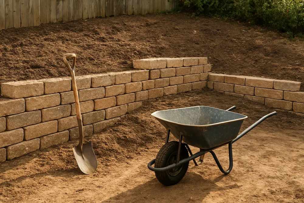 Two low block retaining walls stepping up a steeply sloping back garden, a spade and wheelbarrow at the base — retaining walls, Launceston. Illustrative example.
