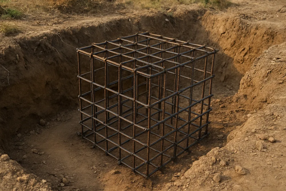 A tied cage of reinforcing bar in an open wall footing trench — who may build a retaining wall, Launceston. Illustrative example.