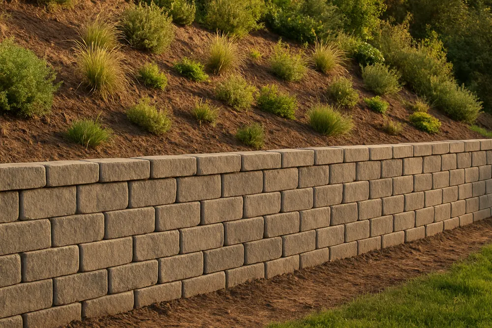 A finished block retaining wall with a planted slope above it in warm late light — retaining walls, Launceston. Illustrative example.