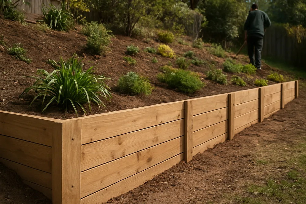 A low timber sleeper retaining wall with plants along a garden slope — retaining walls, Launceston. Illustrative example.